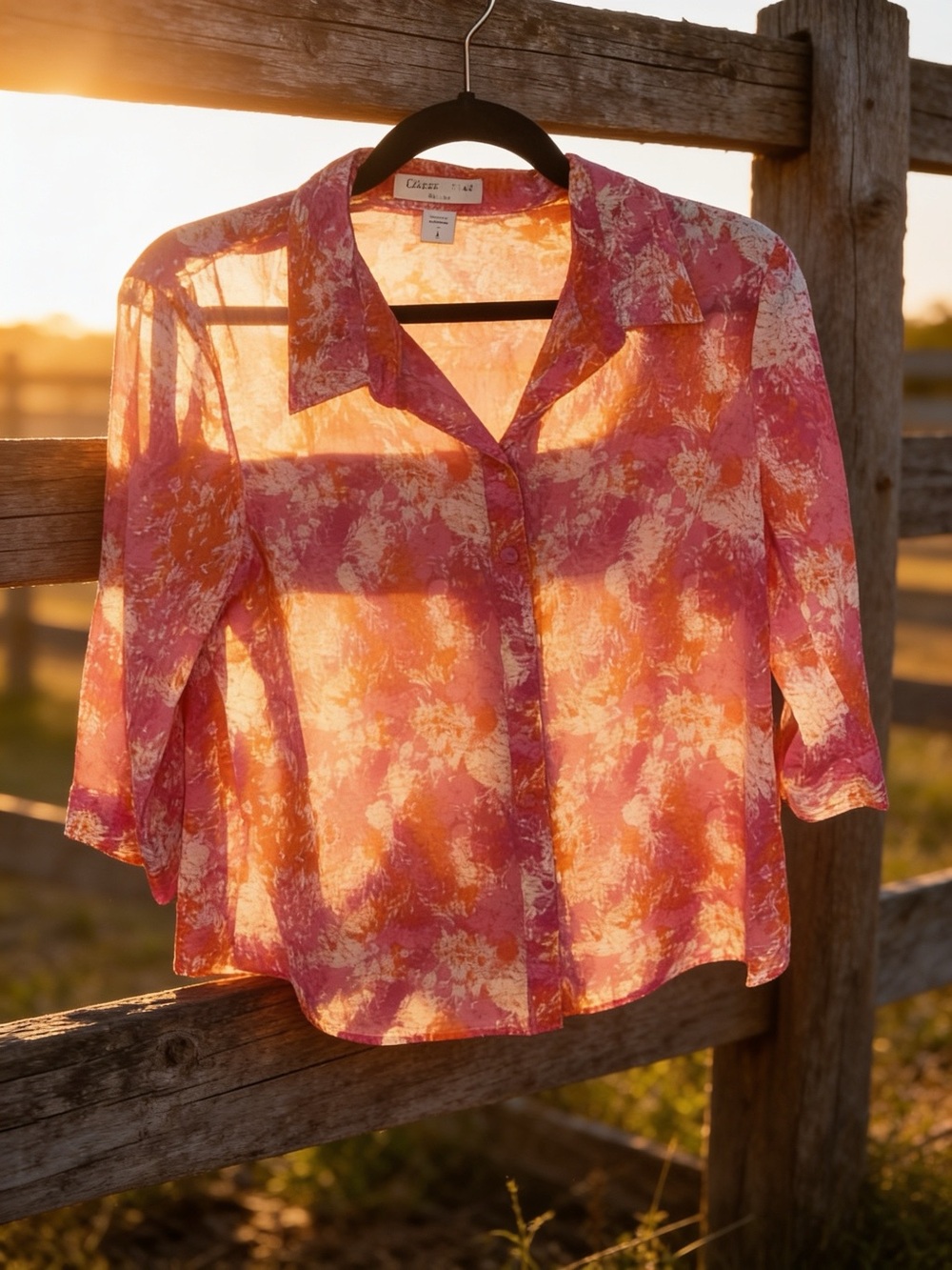 Coldwater Creek No Iron  Pink Cream Abstract Button-Up Blouse 3/4 Sleeves EUC